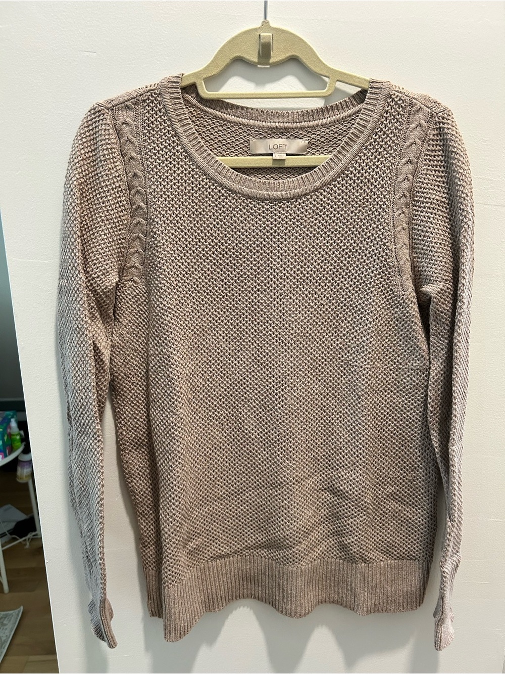 LOFT Cable-Trim Crewneck Sweater in Taupe